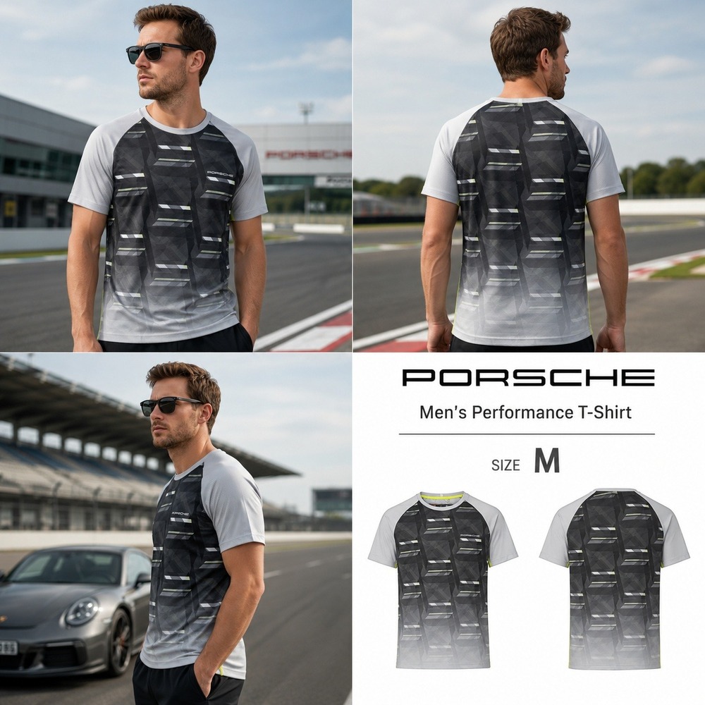 Porsche Men's Performance T-Shirt Grey‎ Black Geometric Graphic WAP542XXX0K0SP M